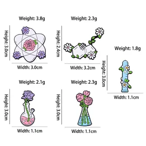 Five science chemistry enamel pins featuring flowers and beakers with dimensions and weight