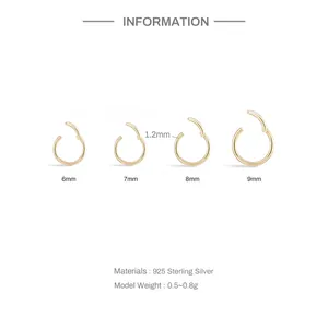 Detailed size chart showing 6mm to 9mm diameters for the 925 sterling silver hoop piercing