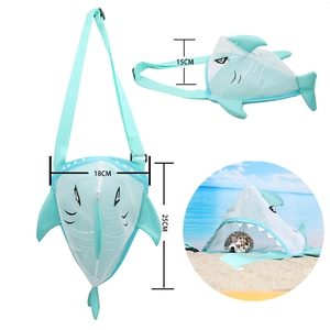 Light blue shark cartoon mesh beach bag with adjustable strap and shell storage