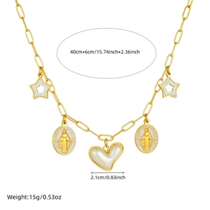 Gold stainless steel necklace with heart, star and oval pendants on paperclip chain