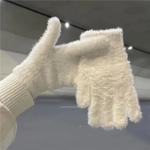 Winter plush faux rabbit fur gloves for women in cream white with fleece lining