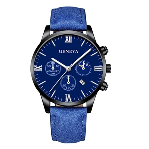 Detail of blue sun-and-moon dial with Roman numerals and faux chrono sub-dials