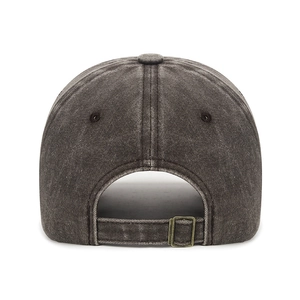 Back view of vintage washed charcoal baseball cap with adjustable metal buckle strap