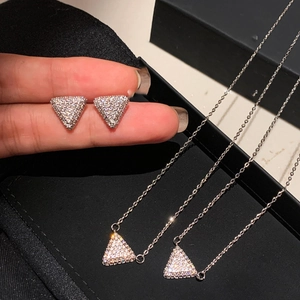 Triangle Pendant Necklace And Stud Earrings With Zircon Pave Copper Silver Earring Post For Women Minimalist Fashion Style