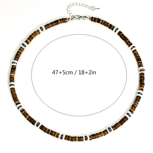 Detail view of coconut shell beaded necklace with dimensions showing 47cm length and extension