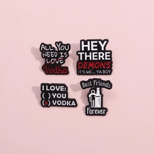 Set of four creative Best Friends enamel pins with humorous social media quotes and icons