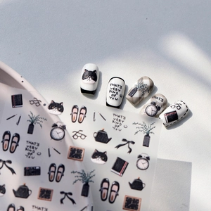 Minimalist hand-drawn black cat embossed nail stickers with vintage artistic patterns