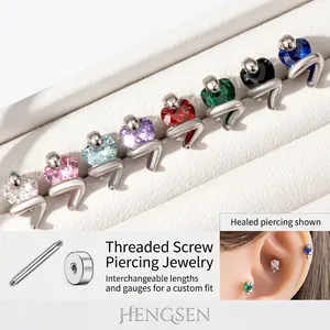 Snake Heart Stud Earrings Titanium Steel Screw Back Helix Piercing Gothic Jewelry For Women Heart Cubic Zirconia