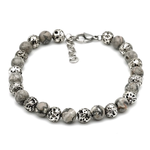 Men's natural tiger eye and marble bead bracelet with vintage silver accent and lobster clasp