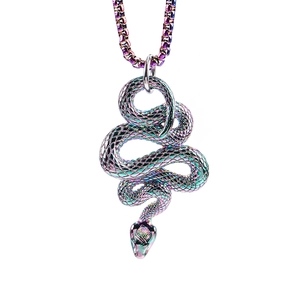 Creative stainless steel snake pendant necklace with vibrant rainbow metallic finish