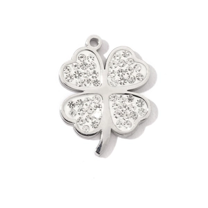 Detail of silver clover pendant with pave white zircon inlay and hanging loop