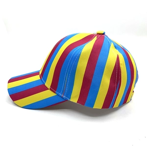 Side view of multi-color striped baseball cap with vibrant red yellow and blue panels