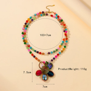 Colorful bohemian glass beaded long necklace with large handcrafted flower pendant