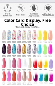 Detailed color palette showcasing glitter and gradient poly nail gel shades for manicure