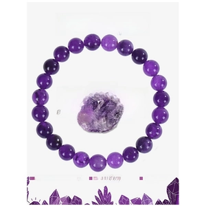 Detailed view of natural purple amethyst beaded bracelet with raw gemstone on white background