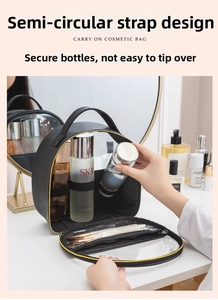 Detail view of black PU leather cosmetic bag with inner elastic straps for bottle storage