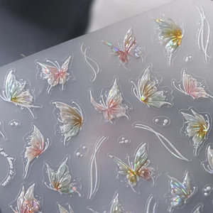 3D butterfly embossed nail art stickers with aurora holographic effect and decorative lines