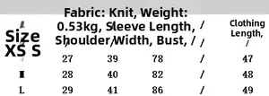 Detailed size chart for the knitted short sleeve cardigan with exact measurements