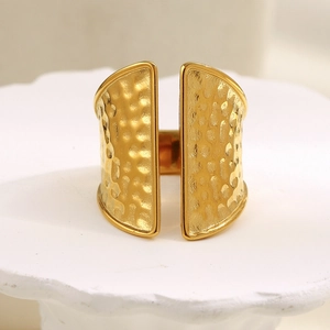 Chic 18K gold plated stainless steel wide open ring with textured hammered surface finish