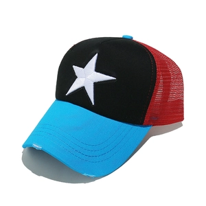 Detail of 3-color mesh trucker cap with star embroidery and distressed visor