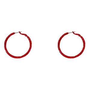 Minimalist red hoop earrings with irregular wave texture and polished glossy finish