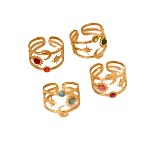 Gold stainless steel open rings with celestial sun moon star motifs and colorful stones