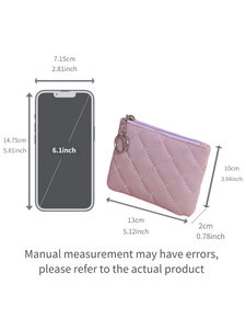 Detailed view of purple quilted leather coin purse with dimensions and zipper detail