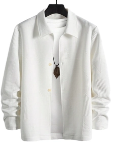 Detail view of white casual jacket featuring intricate geometric textured jacquard fabric