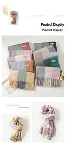 Detail shot of soft colorful plaid pashmina scarf with long tassel fringe textures