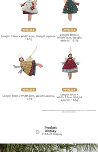 Detailed view of four painted metal angel ornaments for Christmas tree decoration