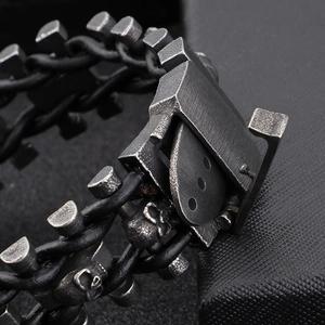 Men's gothic skull braided leather bracelet with vintage heavy stainless steel hardware