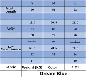 Tabella taglie dettagliata per top in maglia blu sogno con specifiche in cotone mercerizzato