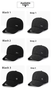 Detail view of winter baseball caps for seniors in black and grey wool with side metal tags