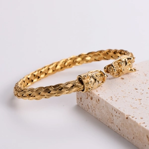 Braided 18k gold plated stainless steel dragon cuff bracelet with mythical animal heads