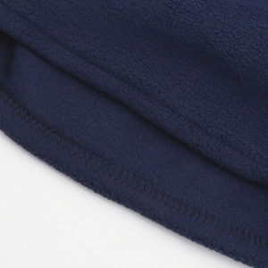 Macro shot of dark blue fleece neck warmer with durable zigzag stitching and soft texture