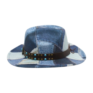 Vintage denim patchwork western cowboy hat with studded leather band for travel