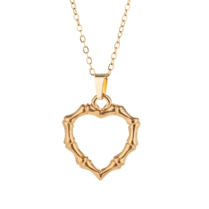 Vintage gold bamboo pattern heart pendant necklace in polished stainless steel