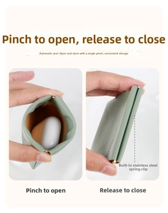 Detail of pea green leather pouch with squeeze metal closure for wireless earbuds