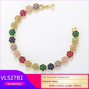 Detail view of colorful zircon flower bracelet in brass with size and weight specs