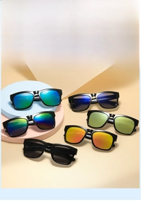 Detailed view of children's sunglasses with six vibrant lens colors in black frames