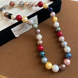 Chic colorful 12mm pearl necklace with vintage gold clasp and vibrant multi-tone finish