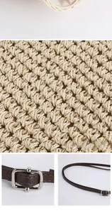 Detailed view of the woven straw texture and adjustable brown leather strap with silver buckle