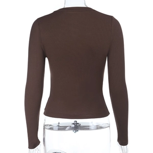 Back view of dark brown slim fit knit top showing fine ribbed texture and long sleeves