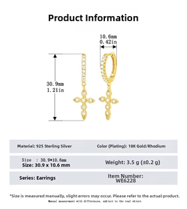 Detailed size chart for S925 sterling silver cross earrings with dimensions and specs