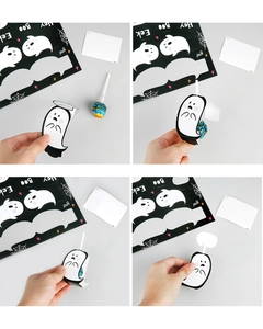 Step-by-step guide for inserting lollipops into cute Halloween ghost paper cards