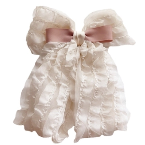 French vintage beige ruffled chiffon hair bow clip with a sweet pink satin ribbon center