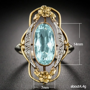 Vintage palace style hollow floral ring with blue gemstone and gold accents