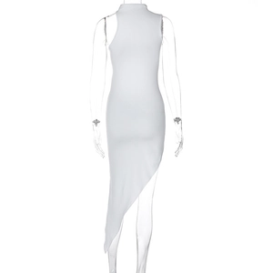 Back view of white sleeveless knit dress with asymmetric hem on transparent mannequin