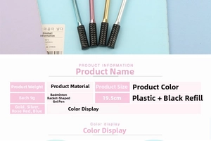Detailed size and weight specs for badminton racket gel pens in four metallic colors