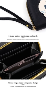 Detail view of the cat wallet's internal zipper pocket, card slots and bill compartments